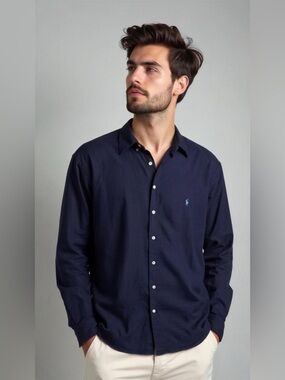 Ralph Lauren Navy Button-Down Dress Shirt with Embroidered Polo